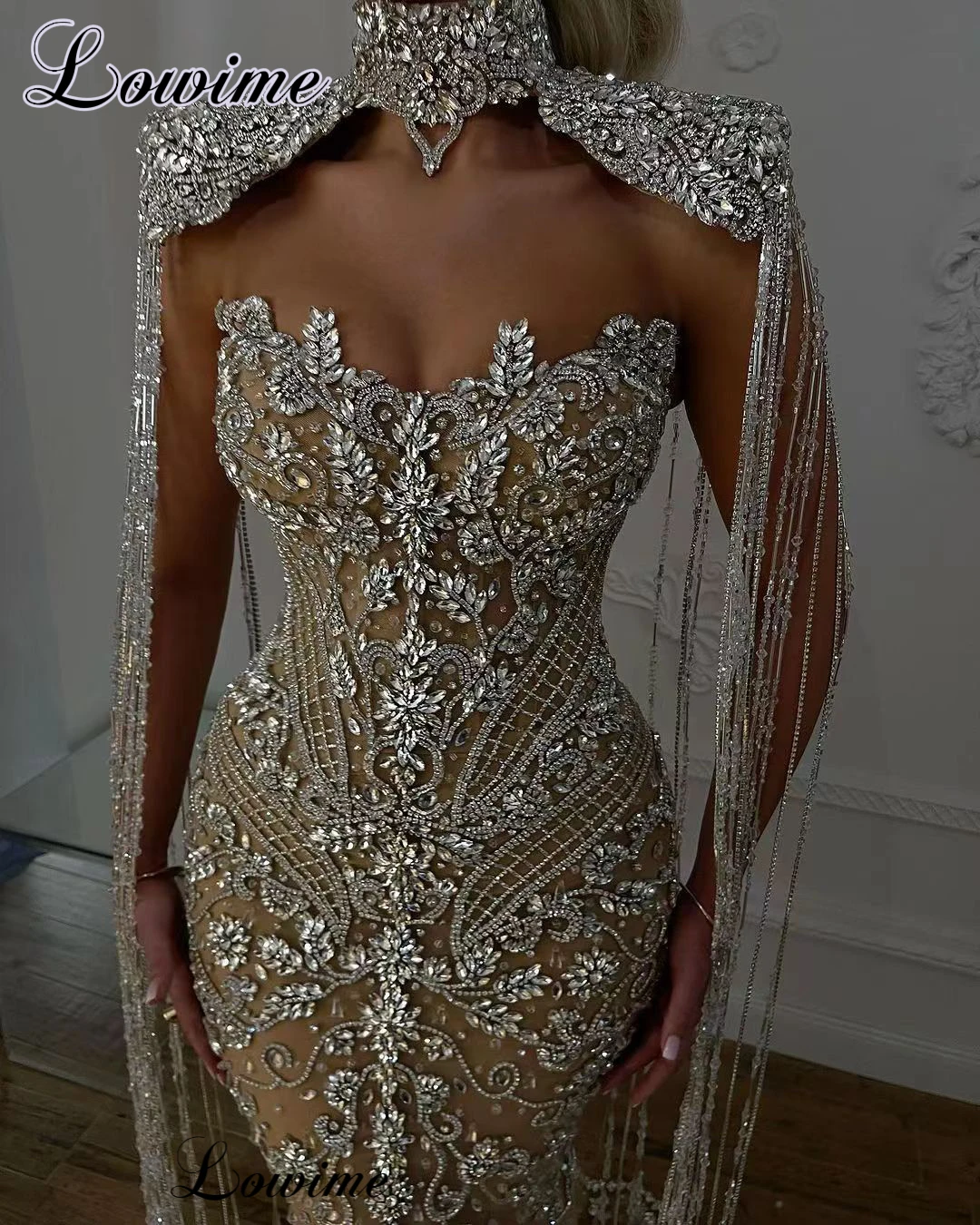 Full Heavy Handmade Crystals Evening Dresses High Luxury Mermaid Formal Occasion Dresses With A Wrap Robes De Soirée Prom Dress