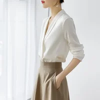 Spring Women's Tunic V Neck Solid Color Elegant Blouses Office Lady Silk Satin  Solid Black White Long Sleeve T-shirts Women - Image 2