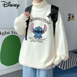 Disney Stitch Black Turtleneck Sweater For Men's Plush Thickened Warm Knitted Top Clothes Youthful Knitwear Hip Hop Turtleneck