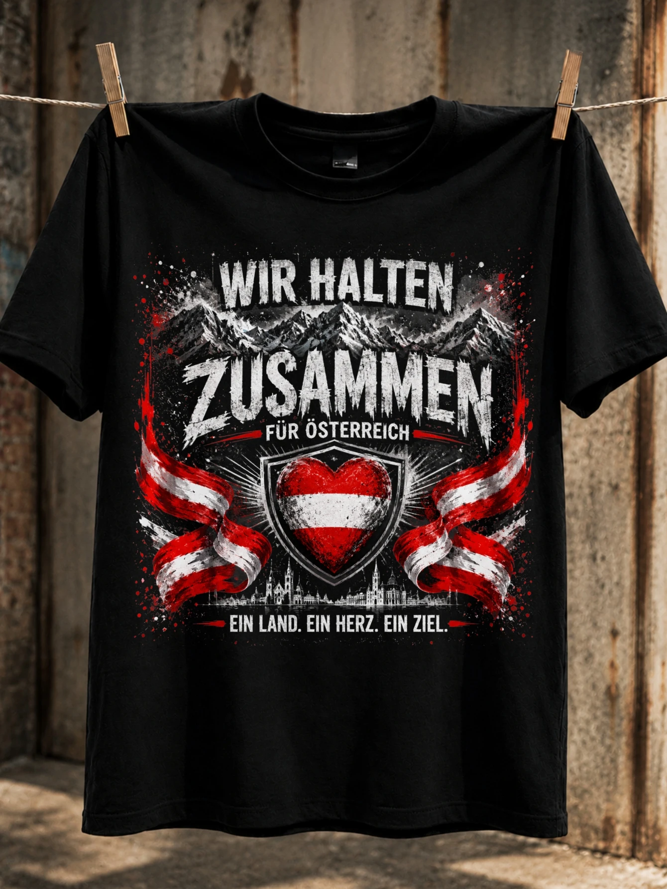 Ensemble pour l'Autriche : drapeaux et détails montagnards, style unifié vieilli pour une seule terre, unisexe, T-shirt