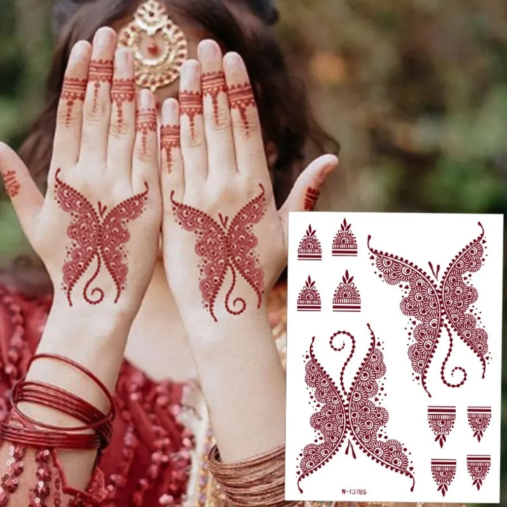 Red Mehndi Stickers Henna Tattoo Stickers Legs Arm Lace Fake Tattoo Temporary Tattoo Wedding Tool Waterproof