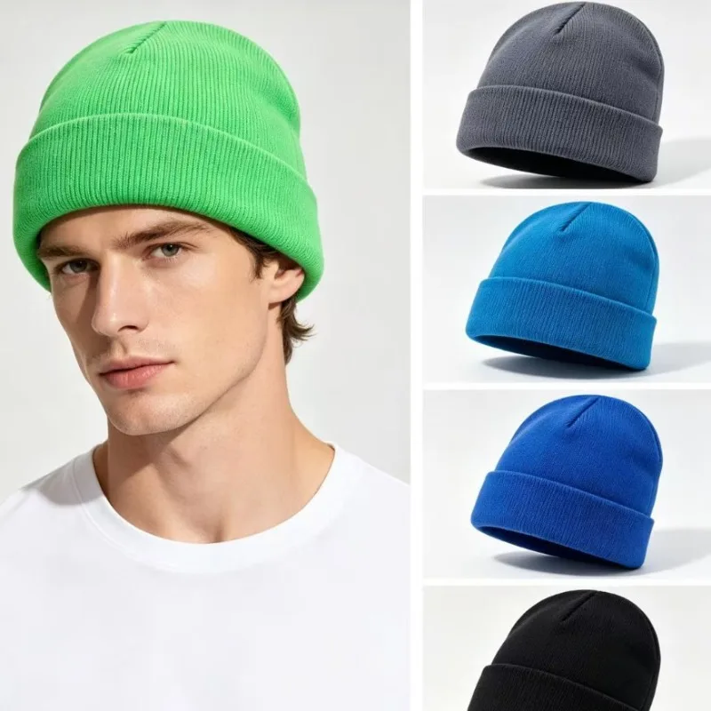 Lightweight Plain Knitted Hat Flanged Brim Thickened Wool Beanie Autumn Winter Warm Outdoor Cold Proof Unisex Soft Cap Men Women
