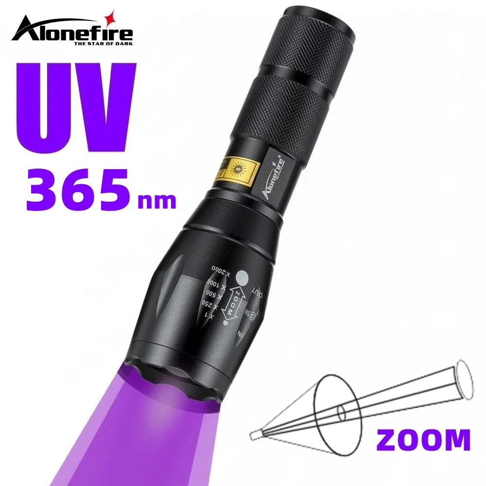 AloneFire E17 UV Led 손전등 365nm 자외선 Zoomable 보이지 않는 고양이 개 애완 동물 얼룩 사냥 마커 검사기 AAA 18650 배터리