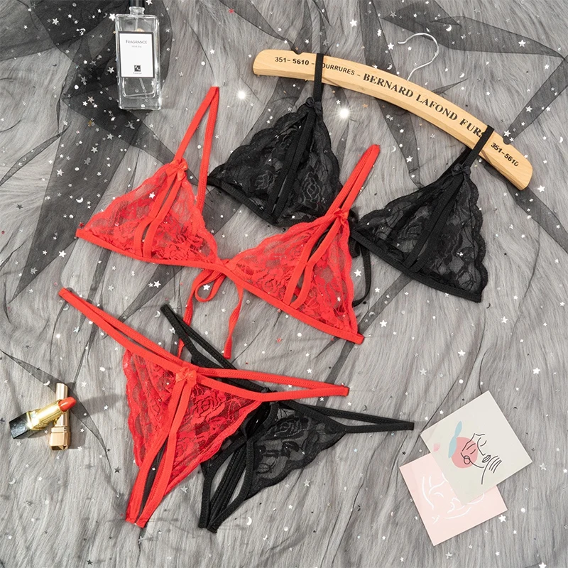 New Women's Summer Sexy Lace Transparent Lingerie Set Sexual Dating Pajama Set Low-waisted Thong Pants