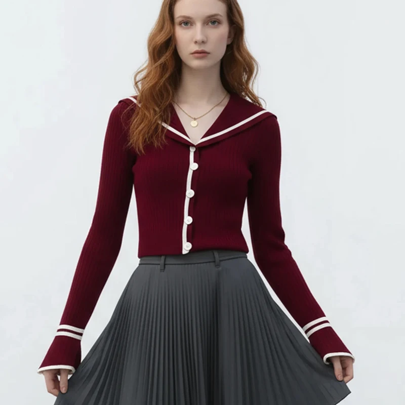 

Женский кардиган с матросским воротником и длинными рукавами, свитер 2022, элегантный осенний красный вязаный топ, осенний повседневный трикотаж с расклешенными рукавами