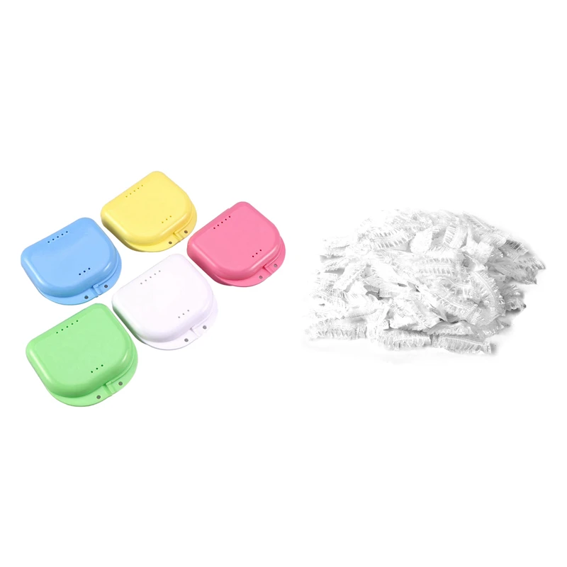 5Pcs Mouth Guard Case Orthodontic  Retainer Box With 100Pcs Disposable Bath Shower/Dyeing Hair Ear Guard