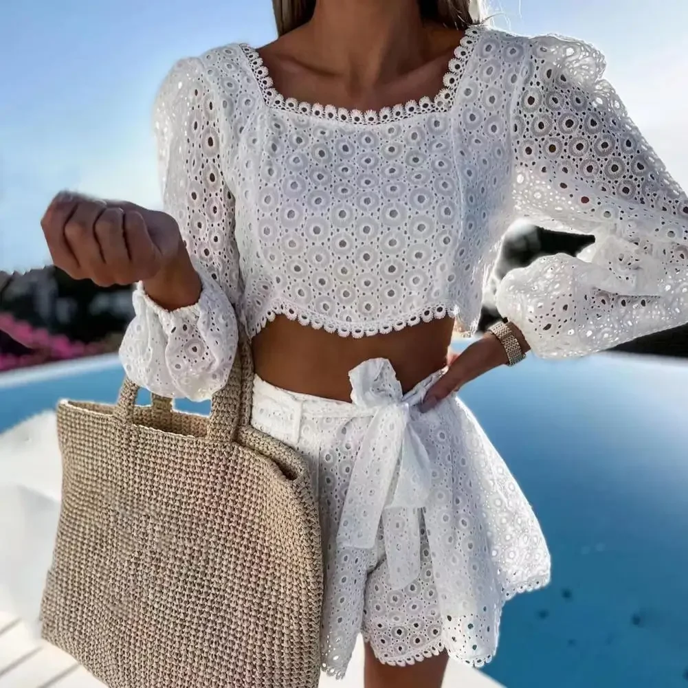 

2Pcs Shorts Set Women Summer Outfits Long Sleeve Crop Top Shorts Two Piece Set Women Outfits conjunto femenino