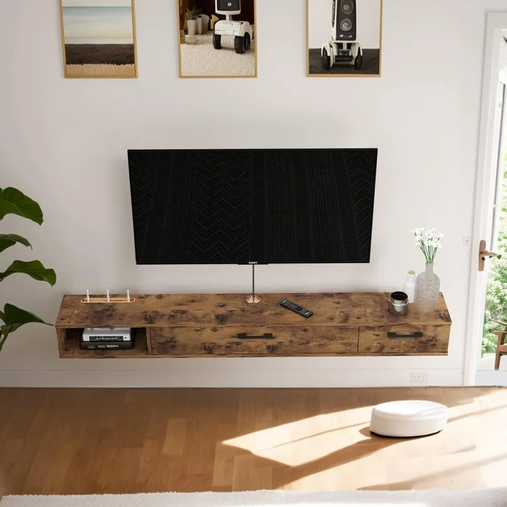 Rustic Wall-Mounted TV Stand with Two Doors and 55 Floating Shelf Console