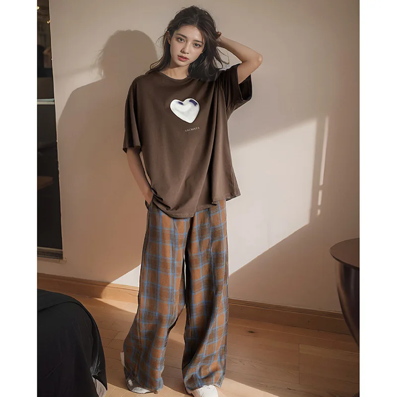 Spring 2026 Women's Pajama Set Loose Short Sleeve Top Plaid Pants Plus Size Soft Skin Friendly Summer Loungewear Sleepwear