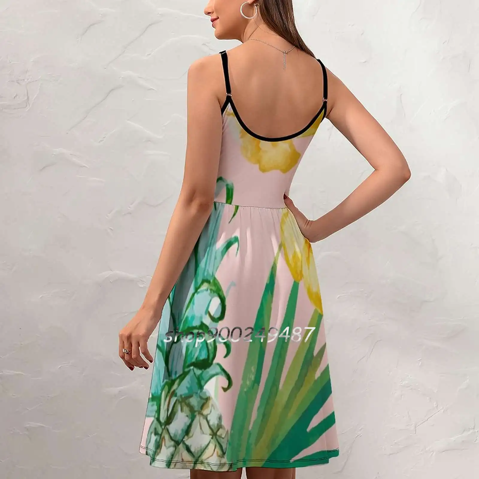 Hawaii Sling Dress Summer Dress Sling Sexy A Line Dress Fashion Female Dress Hawaii Tropical Pattern Watercolor June