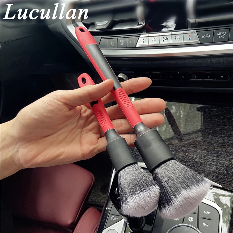 Lucullan Red Rubber Handle 28CM Car Detailing Brushes Dense Soft Hair For Interior Gently Removing Dirt & Dust