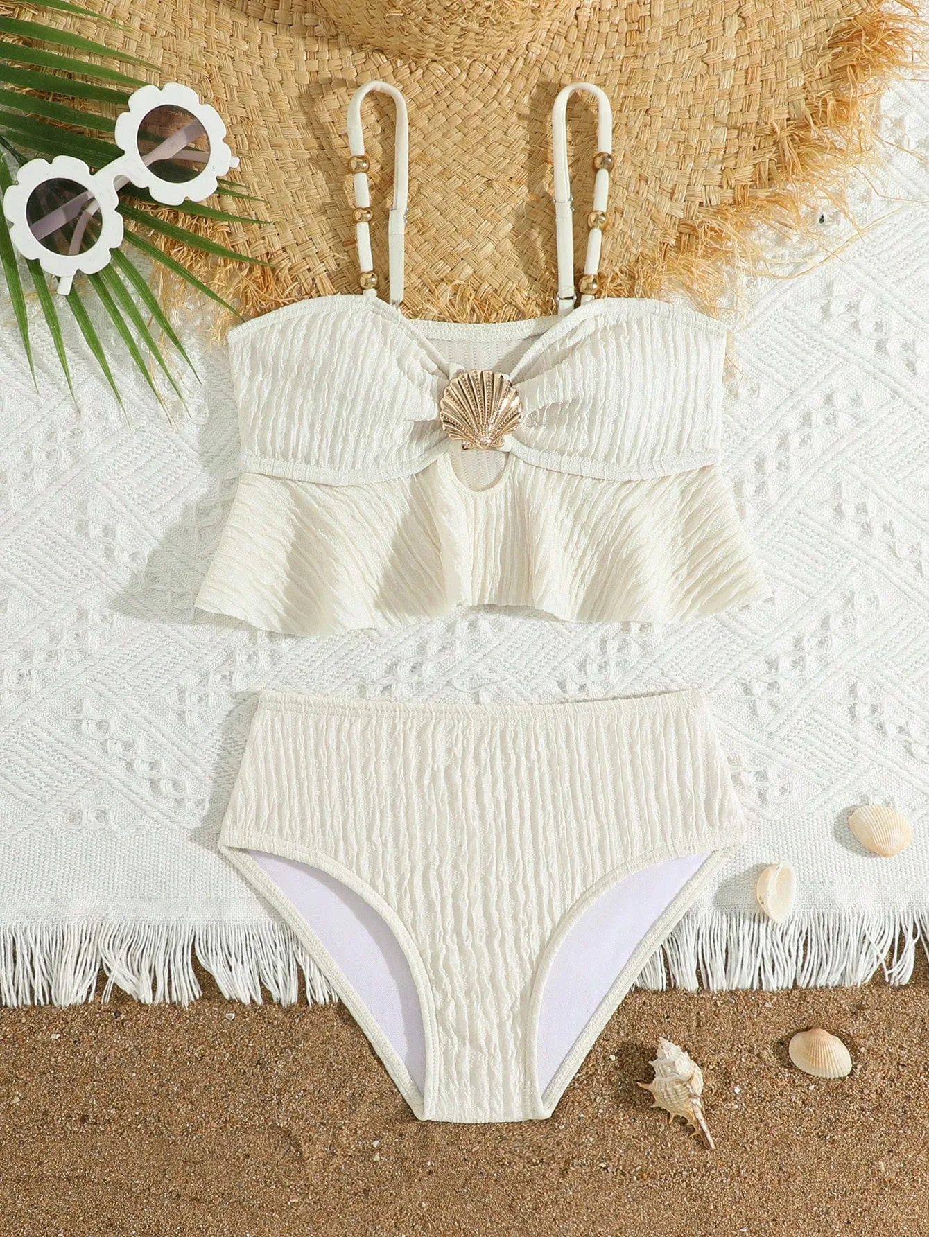Girls' 2-Piece Swimsuit Cute Shell Print Ruffle Beach Swimwear Quick Dry Beachwear Bathing Suit for Kids 4-7Y
