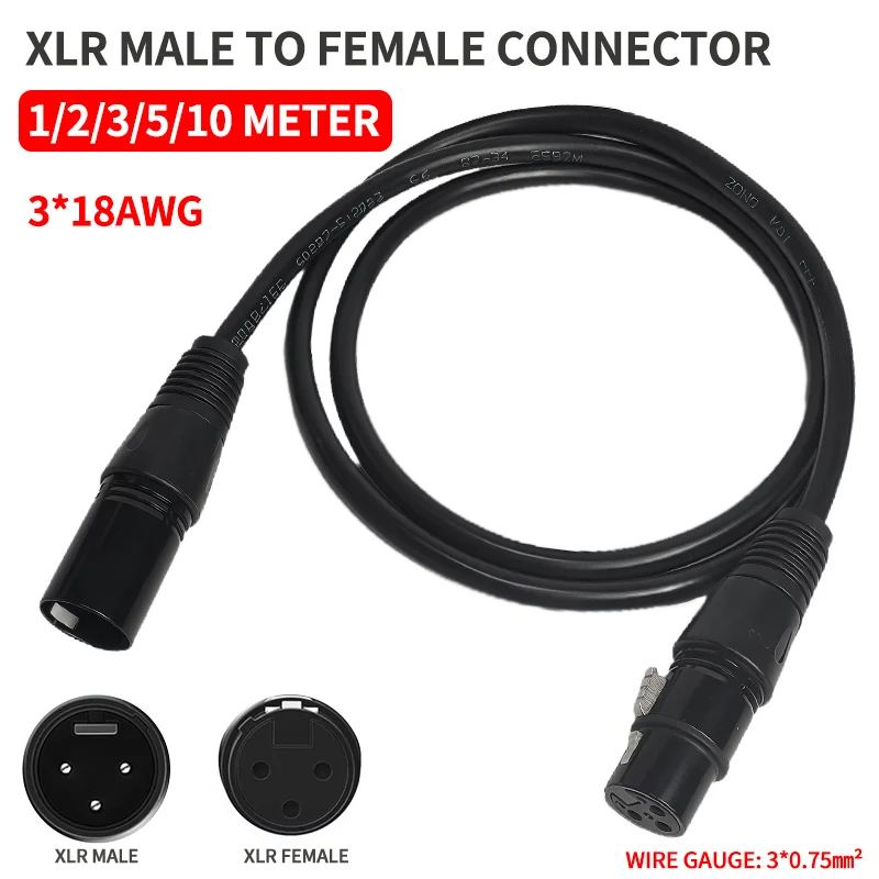 3-Pin XLR Male to Female Microphone Cable, 3×18AWG Balanced DMX Audio Cord for Stage Light, Mixer, Speaker & Amplifier