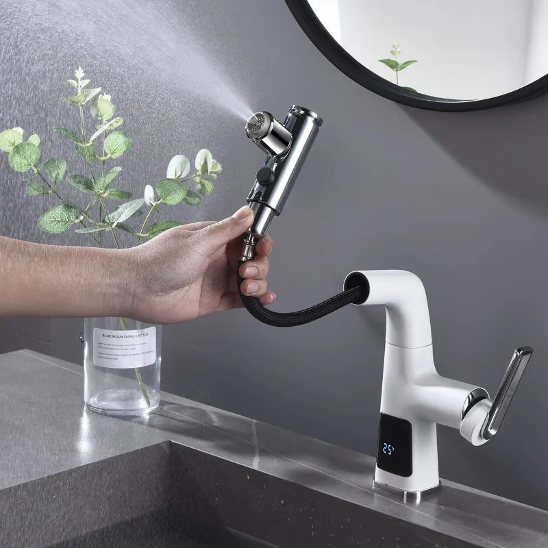 Basin lifting temperature digital display, all-copper pumping bathroom light luxury cooling hot water, spray basin faucet