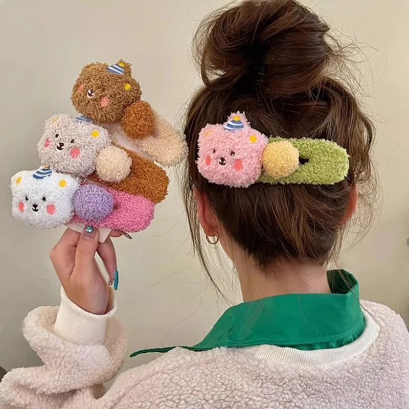 1Pc Autumn And Winter Lamb's Wool Cute Bear Hair Clip Large Plush Duckbill Clip Face Wash Hair Accessories Side Bangs Clip