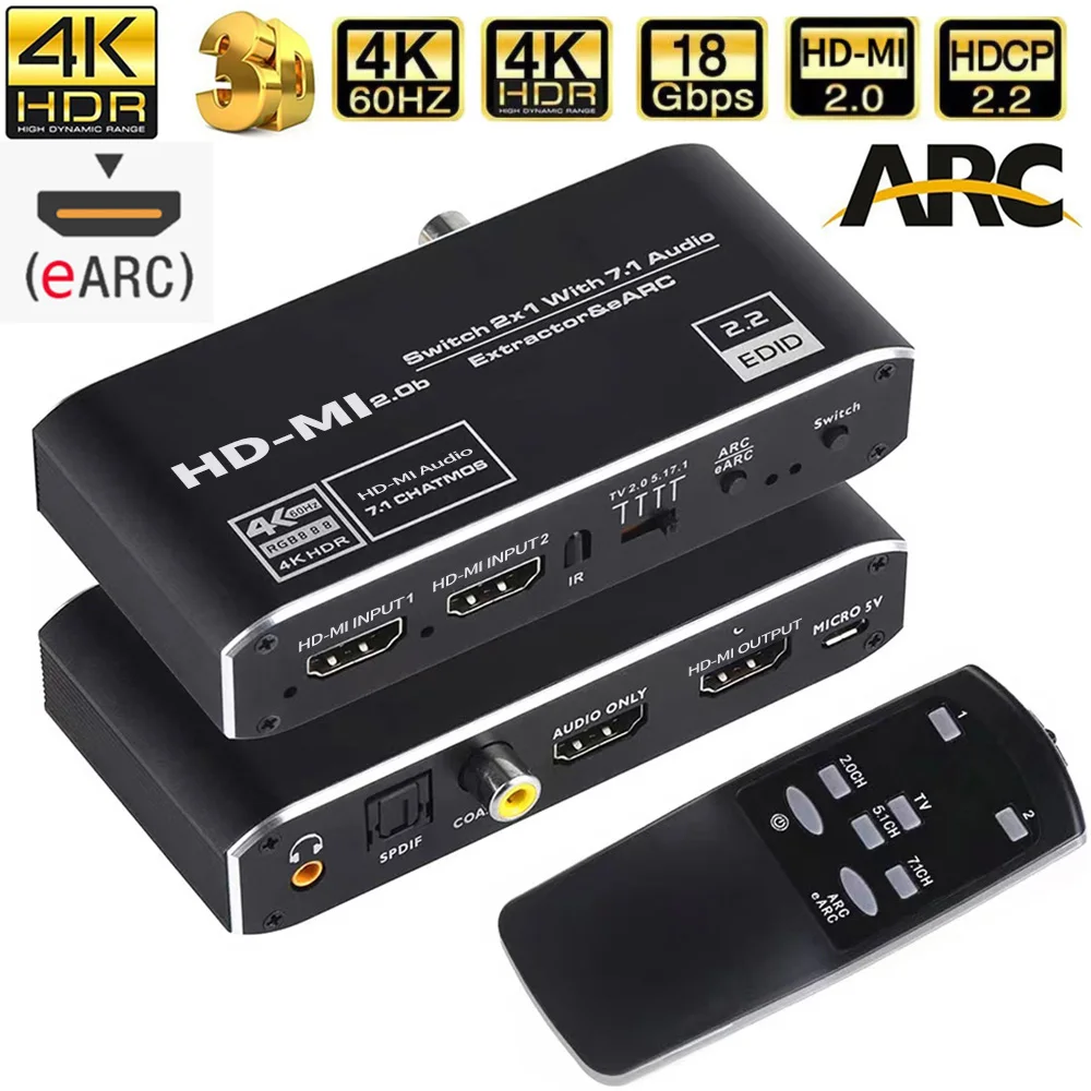 

4K@120Hz HDMI-compatiblSwitch 2 IN 1 Out 4K@120Hz eARC Audio Extractor ARC Optical Toslink HDMI-compatible 2.0 Switcher for TV