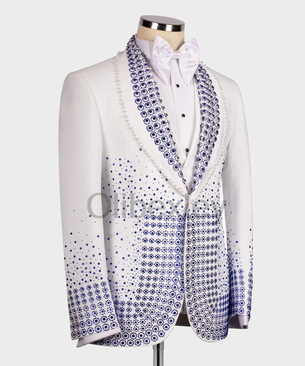 Olibexley Sparkly White Men Suits Shiny Diamond Beaded Wedding Groom Tuxedos Ropa Hmbre 2 Piece Sets Blazers Customized S127