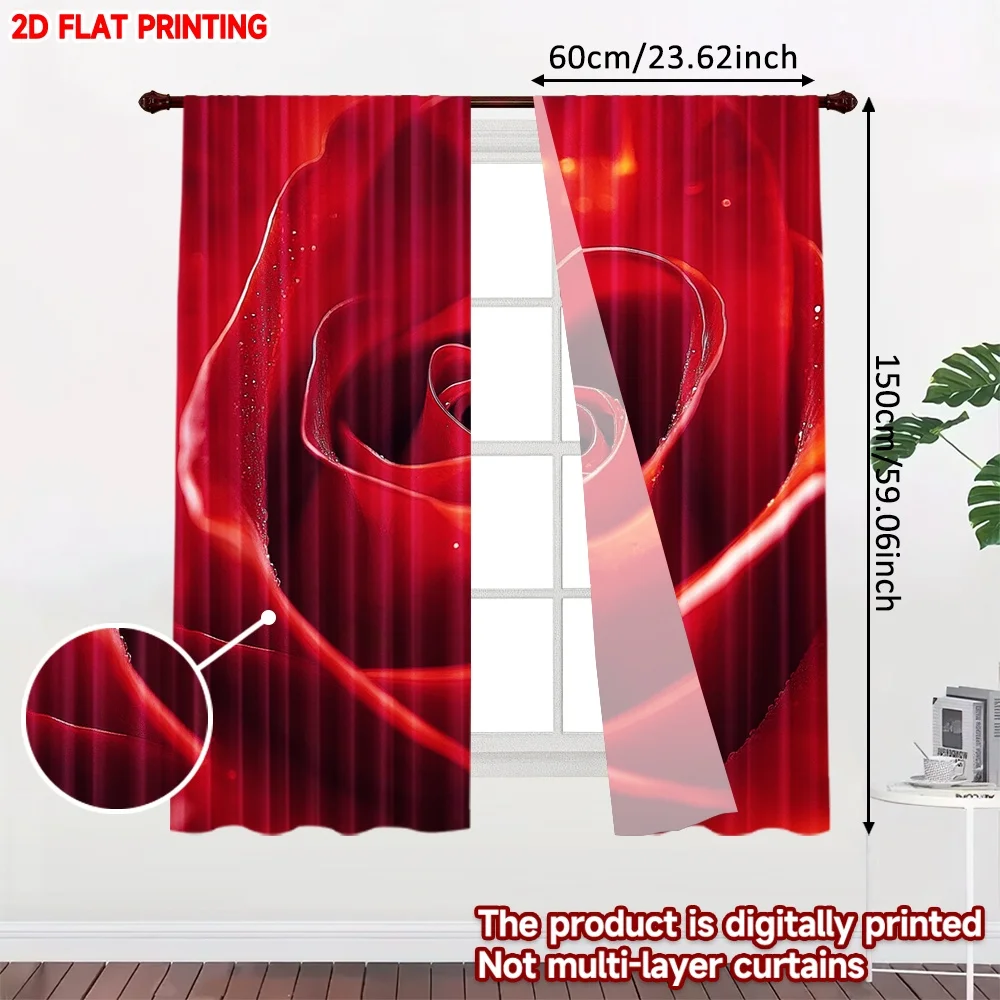 2D flat printing 2pcs Curtain Curtains Valentine's Red Rose Closeup Digital Printed Polyester Drapes Family Party Use for