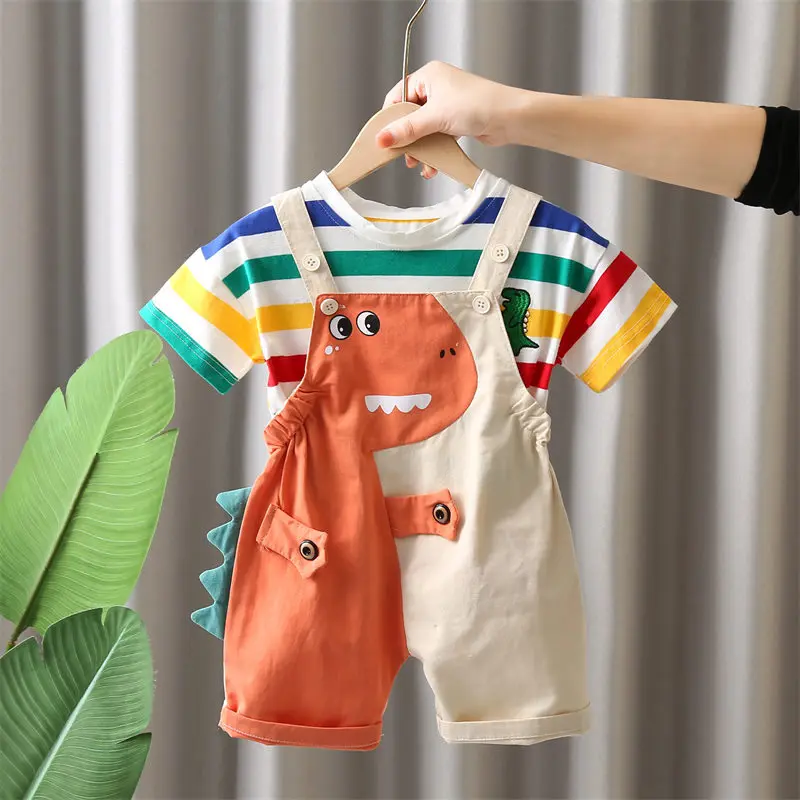 Summer Kids Boys Clothing Toddler Fashion Rainbow Clothes T Shirt Cartoon Dinosaur Bib Pants 2Pcs/Set Children Costume Suit