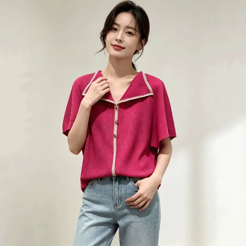 Miyake Pleated T-Shirt 2026 Autumn New Navy Collar Short Sleeve Top Women Color-Block Trim Gold Buttons Twill Loose Fit Elegant