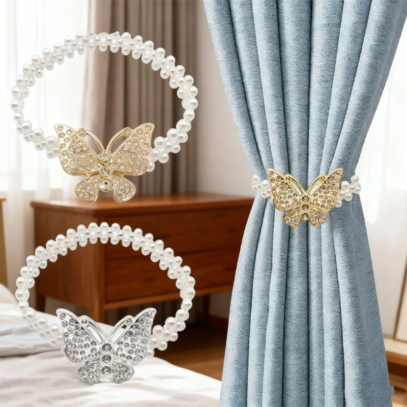 Vorhang-Raffhalter ohne Bohren, Fensterdekoration, elastische Perlenbänder, Schmetterlings-Vorhang-Clips, luxuriöse Holdbacks