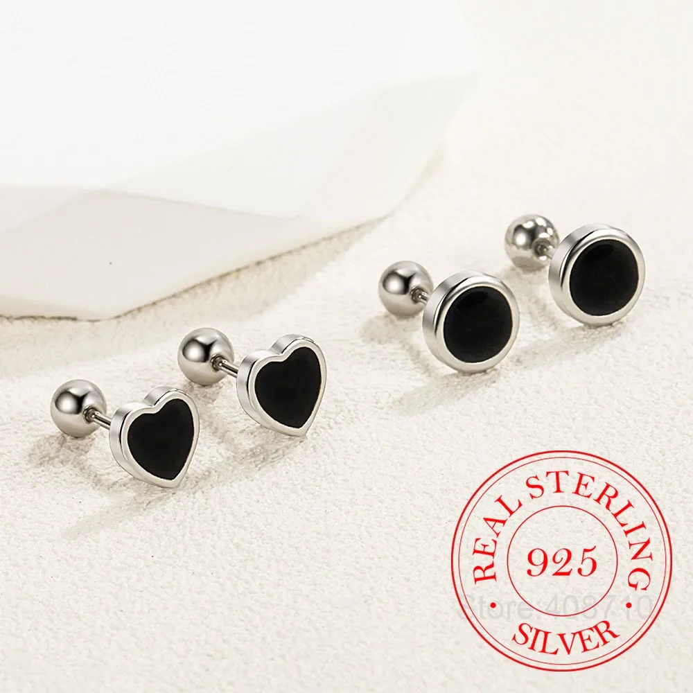 

925 Sterling Silver Black heart Star Round Small Stud Earrings for Women Luxury High Quality Jewelry Offers With Drop Shipping