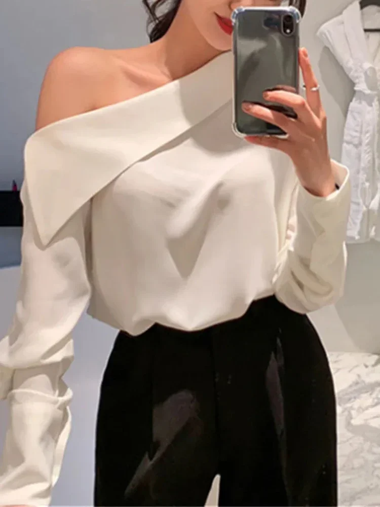 Spring Office Retro Fashion Women Top Elegant Korean Off Shoulder Solid Chiffon Women\'s Top with Versatile Long Sleeves