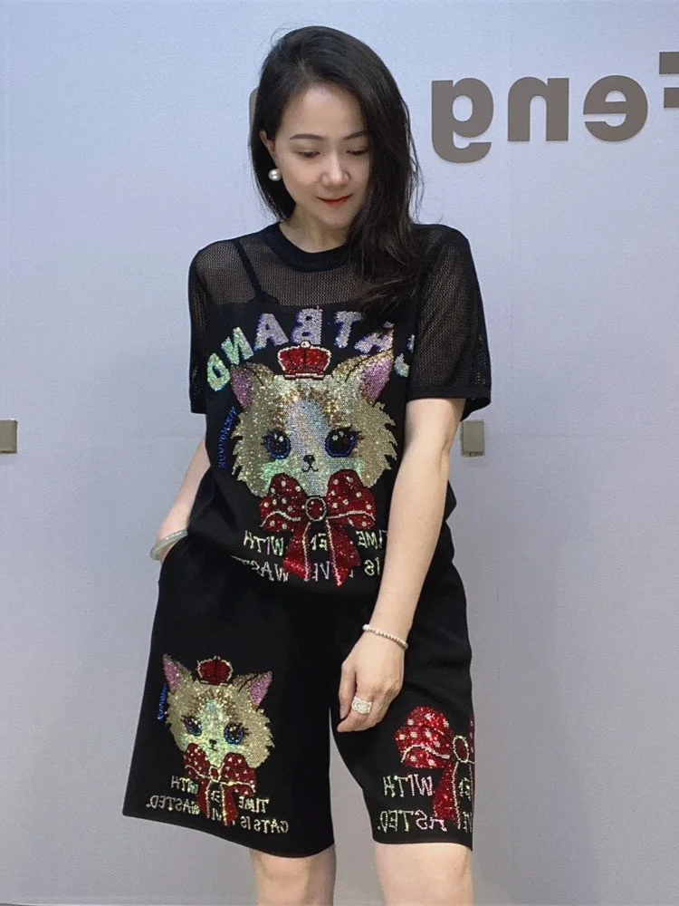 

Женский комплект из двух предметов, весенние женские вязаные костюмы, комплекты с героями мультфильмов, короткий пуловер, свитер, топ + повседневные короткие брючные костюмы