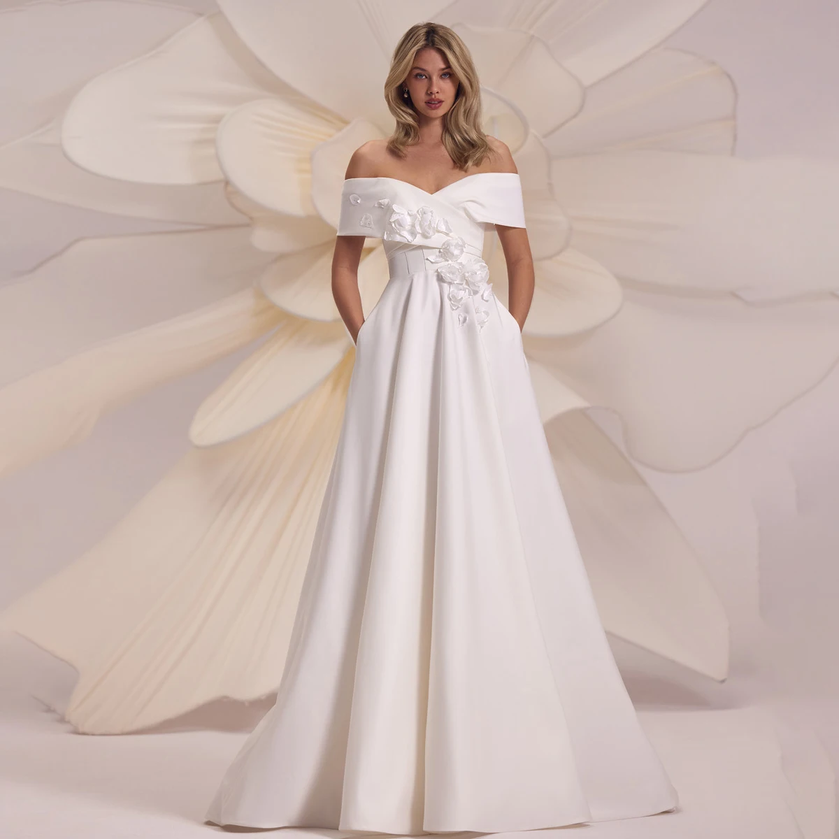 

Elegant Vestidos Novia Flower Off Shoulder Wedding Dress Backless A Line Ball Gown With Train Satin Bridal Party Gown For Bride