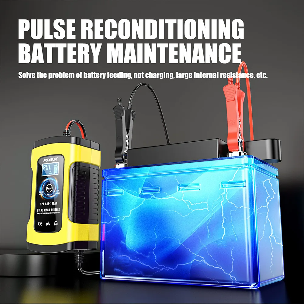 FOXSUR 12V 5A Full Automatic Car Battery Charger Smart Power Pulse Repair Charger Digital LCD Display for AGM GEL EFB Lead-Acid
