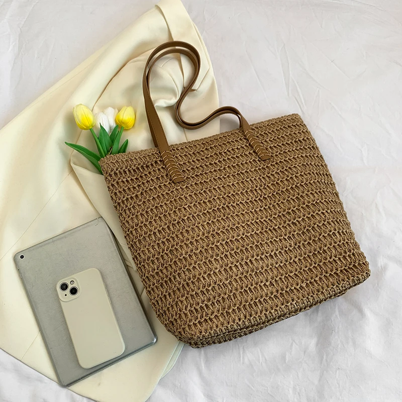 Summer Beach Large Capacity Tote Bag Women Shoulder Bag Handmade Woven Bag Top-Handle Bags Raffia Boho Woven Women Bag