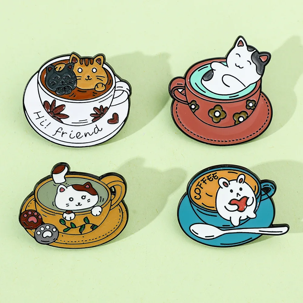 الإبداعية فنجان القهوة هريرة شارة القط تمرغ في حمام الماء نموذج الكرتون الحيوان دبوس ظهره الملابس سحر مجوهرات هدايا #2