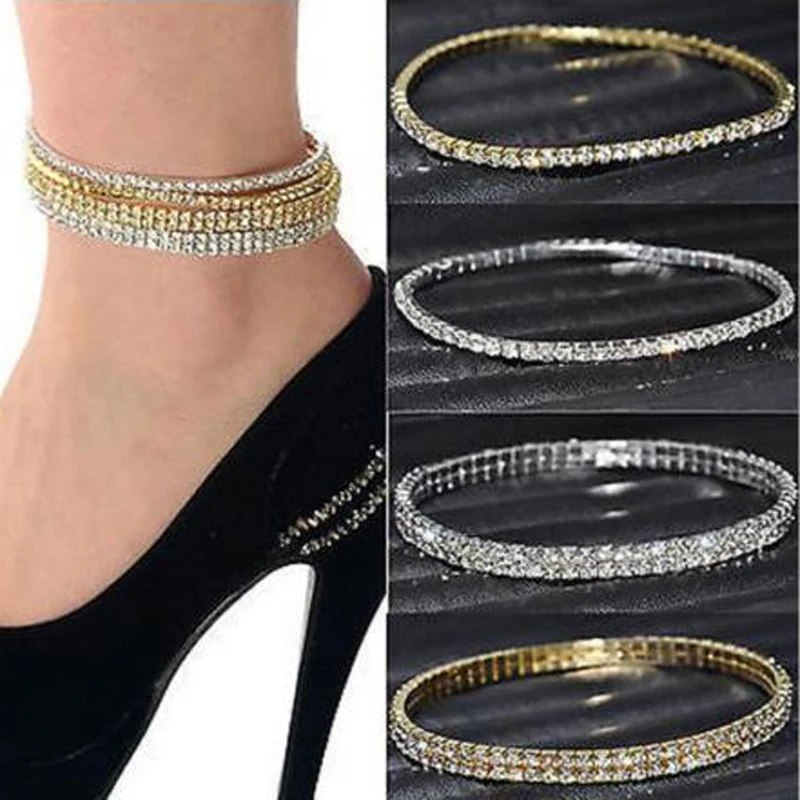 Stunning Anklets Silver Plated and Gold Color Rhinestone Ankle Bracelets Elastic Stretch Barefoot Sandals Anklet for Women