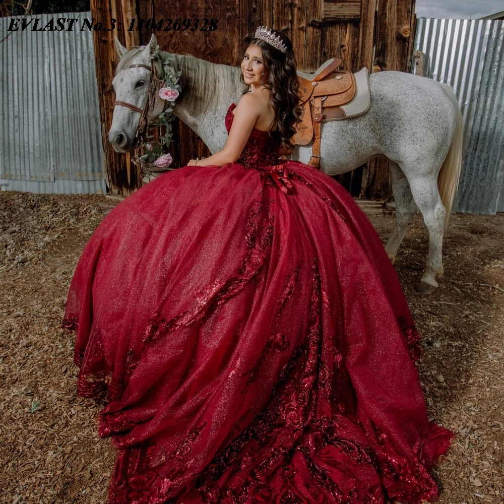 

EVLAST блестящее бордовое платье Quinceanera по индивидуальному заказу, бальное платье с цветочной аппликацией, корсет с бисером, Sweet 16, Vestidos De 15 Anos E3Q725