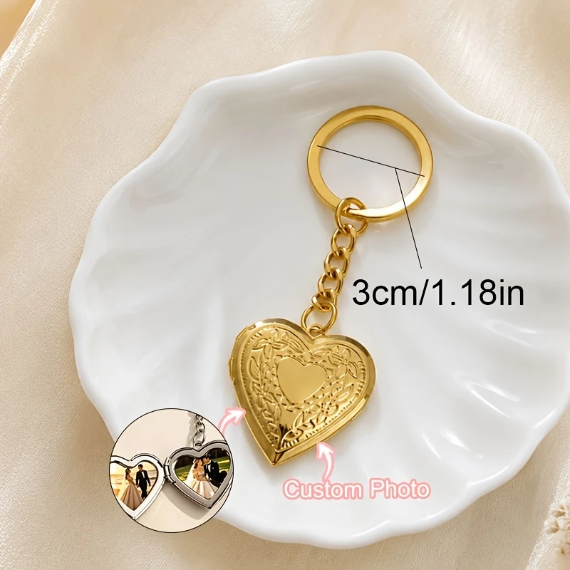 Custom 1/2 Photo Key Chain, Stainless Steel Heart Charm Image Insert Locket Keychain,Casual Romantic Unisex Women Accessory Gift