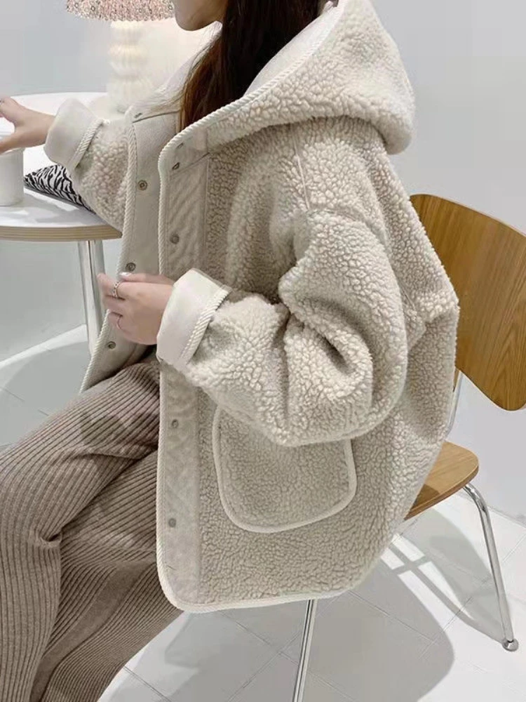 Lamb Wool Coats Women Hooded Full Sleeve Jackets Single Breasted Mid Length Coat Autumn Winter Solid Open Stitch Outerwear