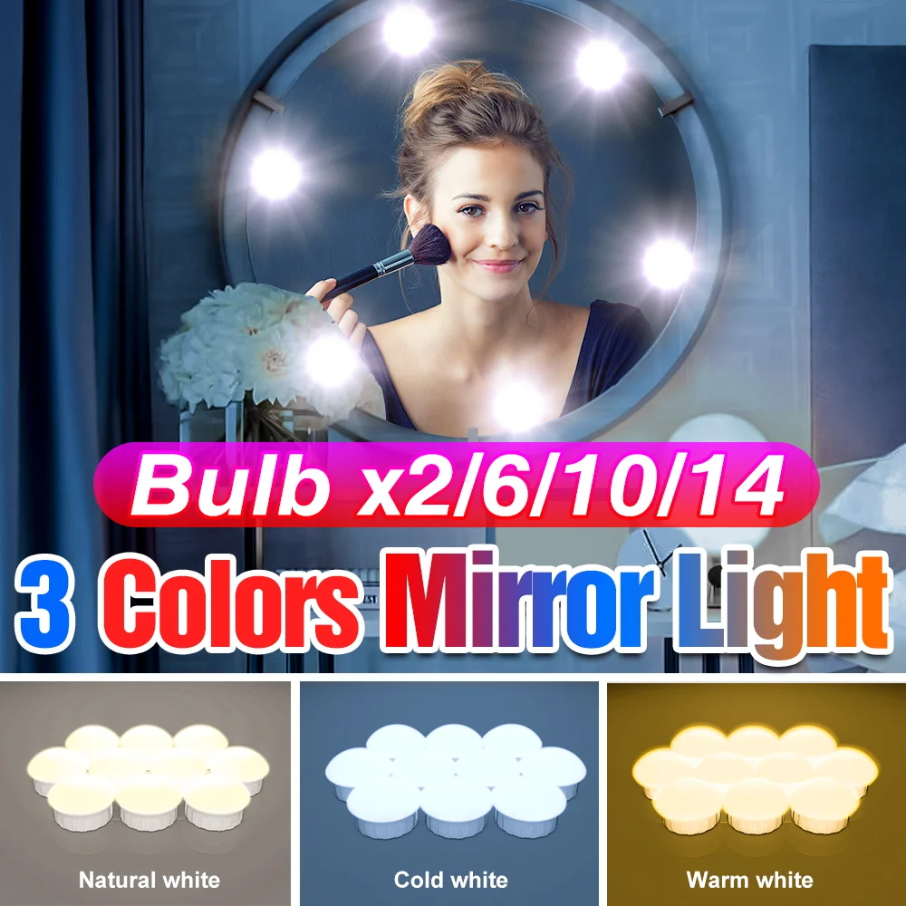 LED Mirror Light USB Dressing Table Bulb Bathroom 5V Hollywood 3 Colors Makeup Lamp Dimmable Bedroom Decoration Fill Lighting