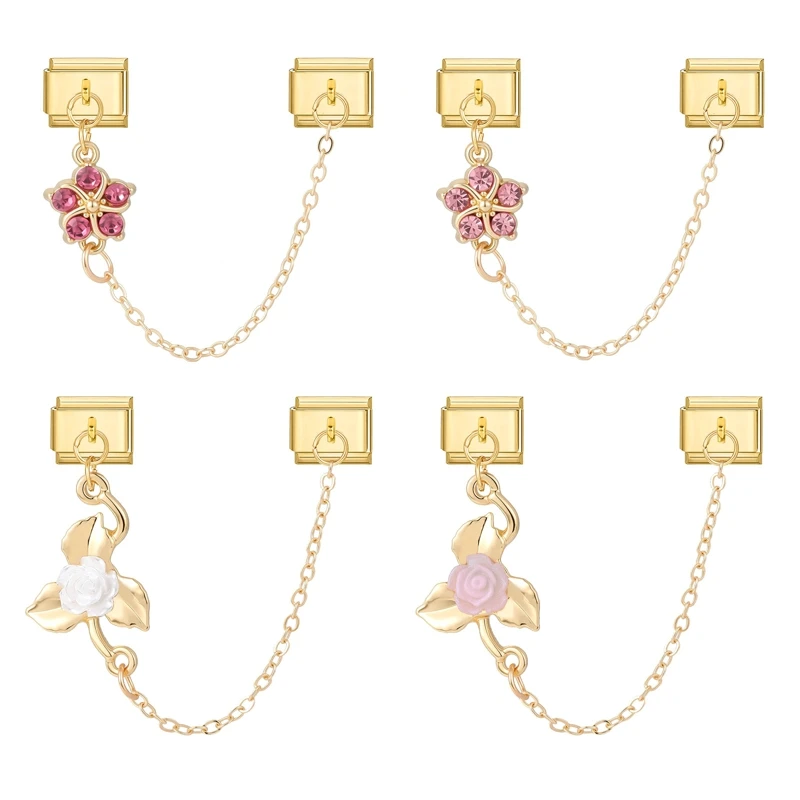 Gold Color Pink Zircon Flowers Rose Leaves Tassel Chain DIY Italian Charm Links Fit 9mm Stainless Steel Bracelet for Men Women