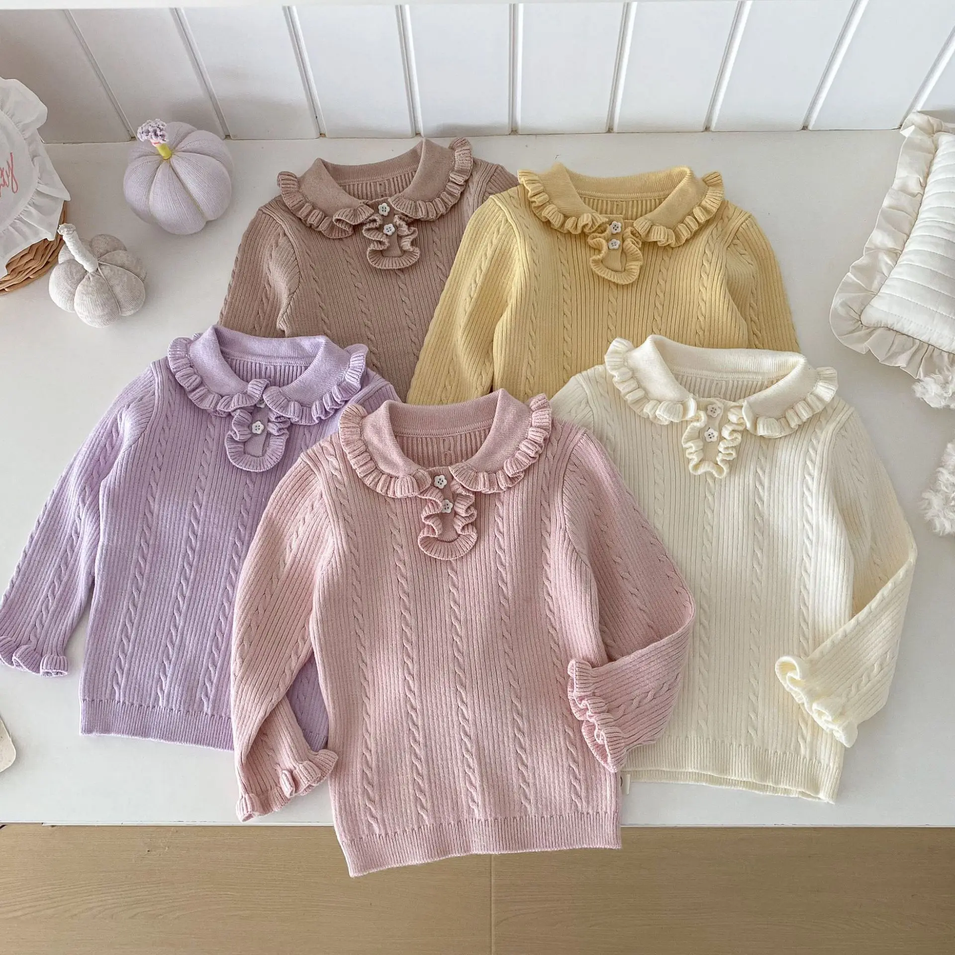 

2025 Girls' Autumn Clothes Knitwear Peter Pan Ruffle Collar Thickened Knitted Sweater 0-5Y Kids Sweet Warm Knit Pullover Top