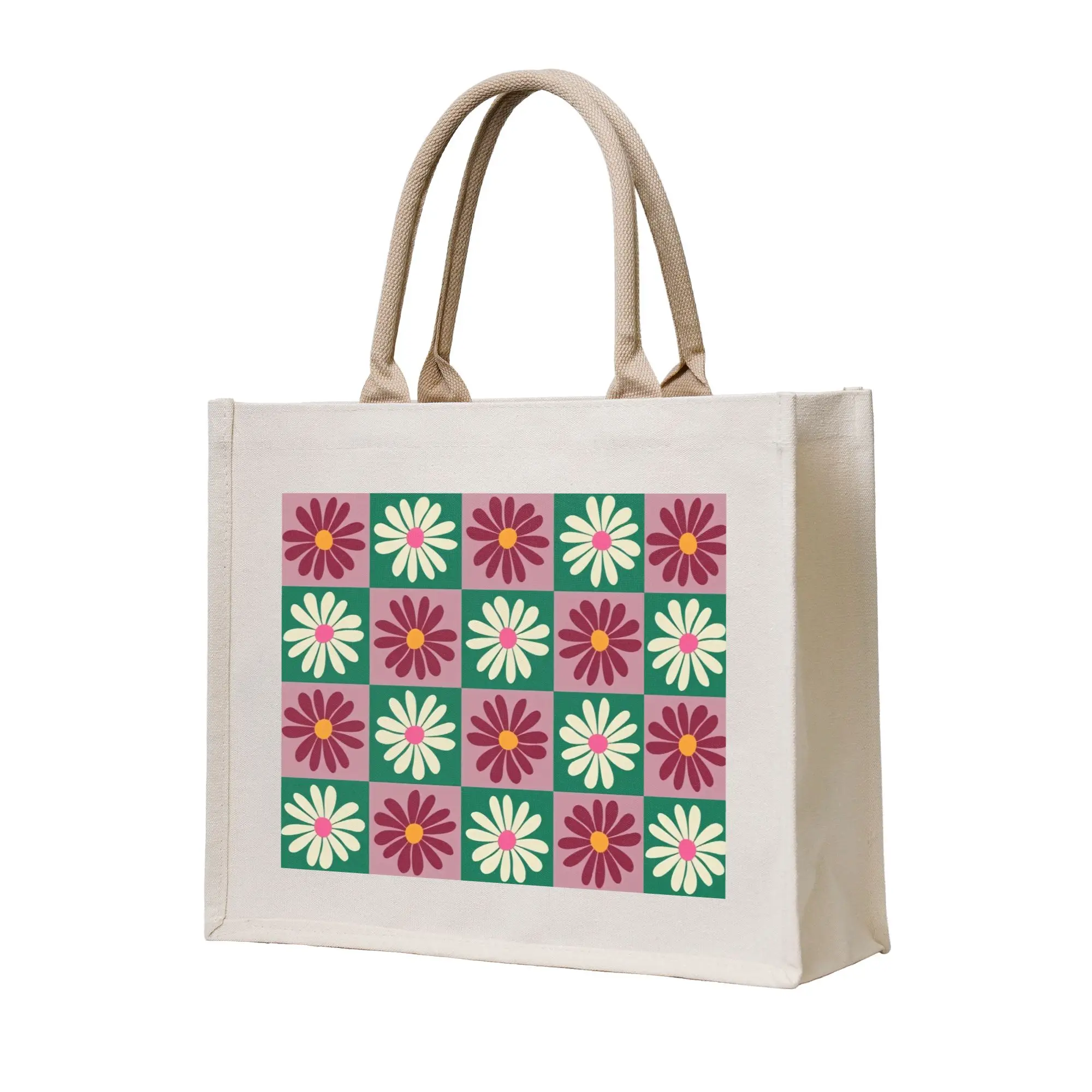 Fashion Print Daisy Flower Checker Tote Shopping Bags Portable Shoulder Shopper Floral Checkerboard  Handbag