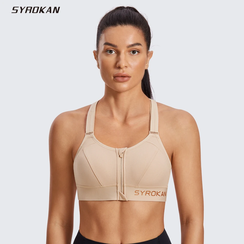 SYROKAN Women Sports Bra High Impact Zip Front Adjustable Racerback Plus Size Wirefree Padded Full Figure Summer Workout Running