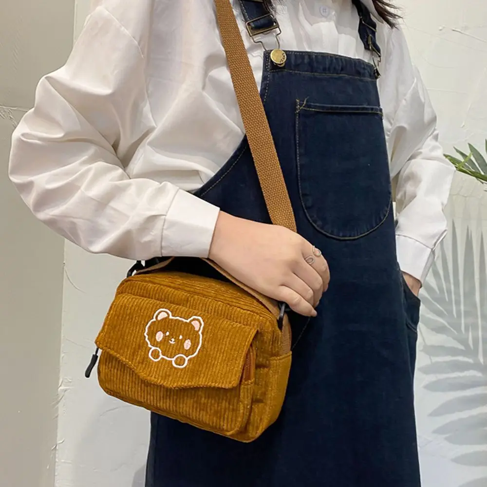 Cute Corduroy Cartoon Bear Print Shoulder Bags Student Tote Messenger Bag Fashion Women Satchel Travel Handbags Portable