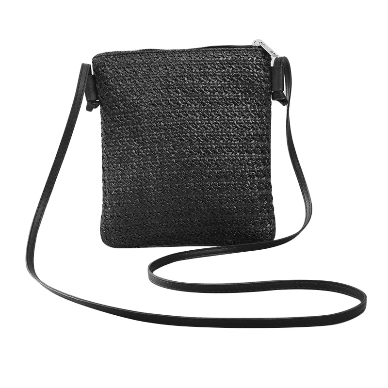 Straw Plait Small Square Bags One Shoulder Slanted Cross Bag Handbag Coin Purses Casual Holiday Beach Bag - black