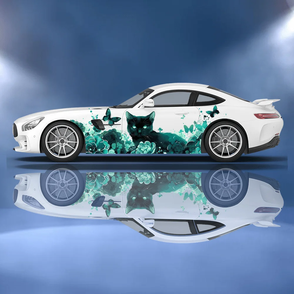 

Blue Butterfly Cat Flower Car Vinyl Wraps Decal Self-adhesive PVC Sticker Suitable for Trucks SUV Decor Auto Accessories Gift