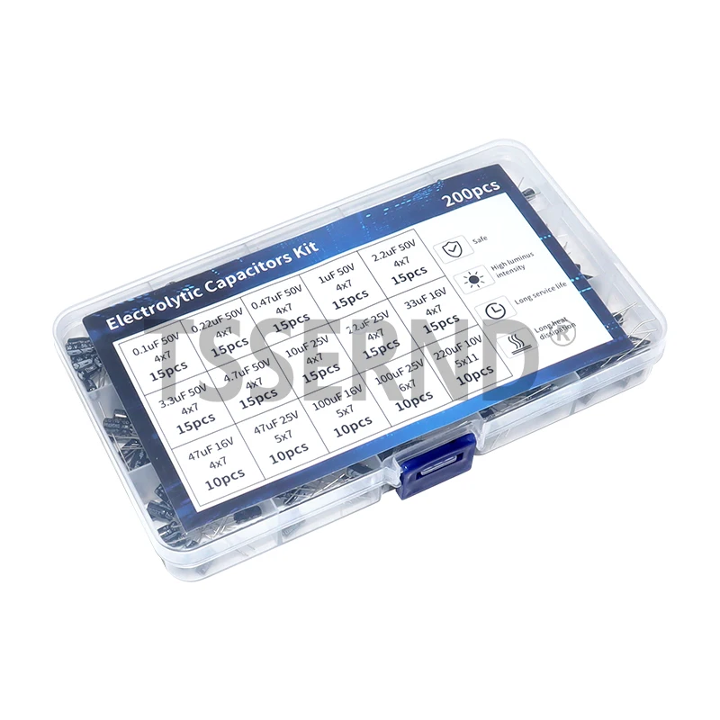 200pcs  0.1UF - 220UF Electrolytic Capacitor Assorted Kit 15Values 10V 16V 25V 50V 100UF 47UF 22UF 10UF Aluminum Capacitance Box
