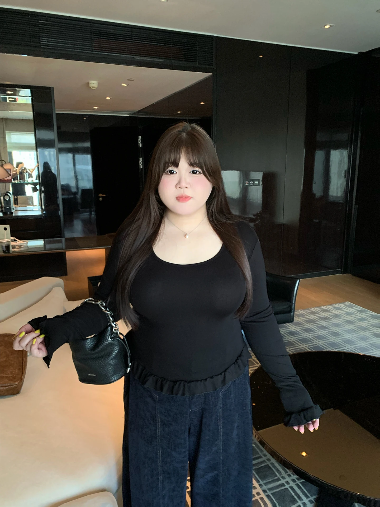 

Romantic Flower Large Size Base irt Design Pure Desire Slim Fit Long Sve round Ne Casual Sle Women's Inner Wear