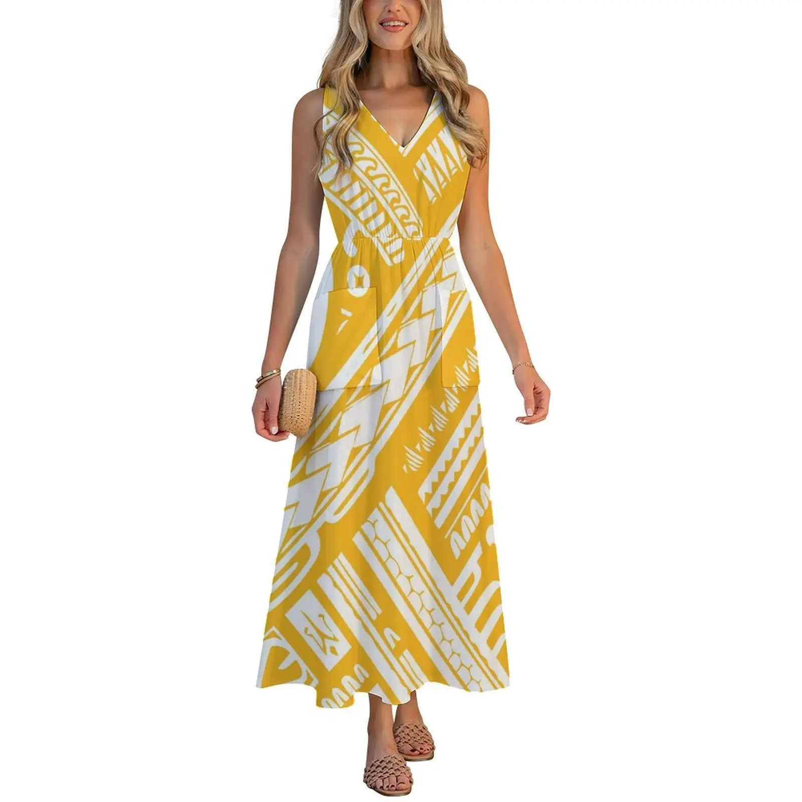 

Женское пляжное платье Fijian с этническим узором и v-образным вырезом, тонкое и удобное, настраиваемое и сексуальное пляжное платье