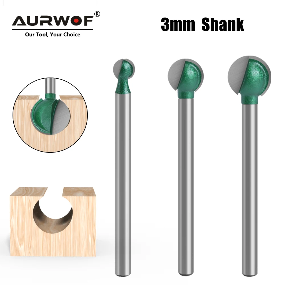 AURWOF 3mm 6mm Shank Ball Nose Core Box Bit 4-20mm Dia Carbide Wood Router Cutter For Slot Carving Groove H0304504