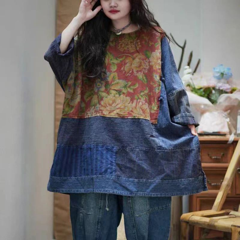 

Autumn Arts Style Women Batwing Sleeve O-neck Tee Shirt Femme Tops Vintage Print Patchwork Design Long Tshirt Good Quality XY135