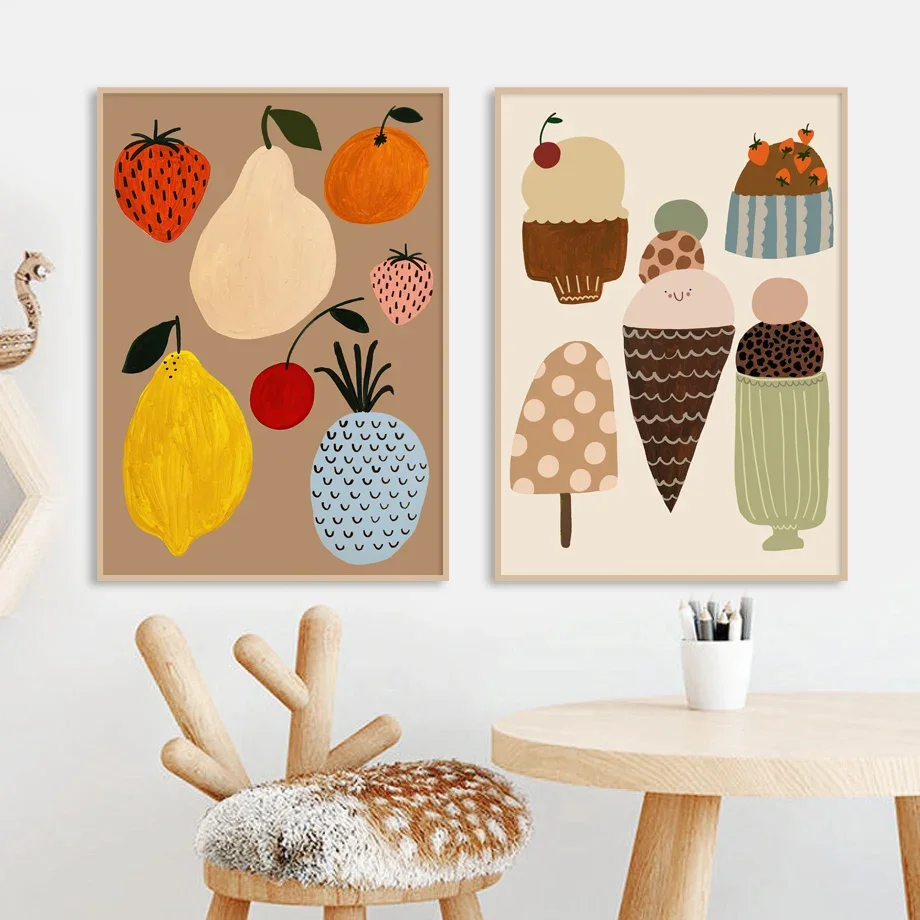 Mouse Shell Seahorse Ice Cream Lemon Pear Wall Art  Retro Posters And Prints Wall Canvas PaintingPictures Baby Kids Room Decor
